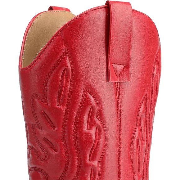 Women's Red Mid Calf Western Embroidery Stitched Faux Leather Cowgirl Boots - Picture 6 of 8